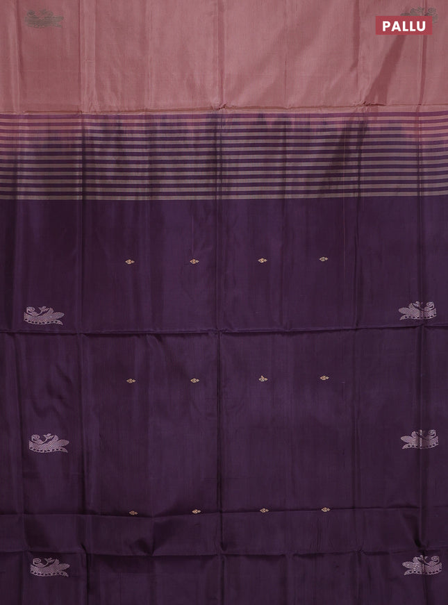 Banana pith saree pastel peach and deep jamun with thread woven buttas in borderless style