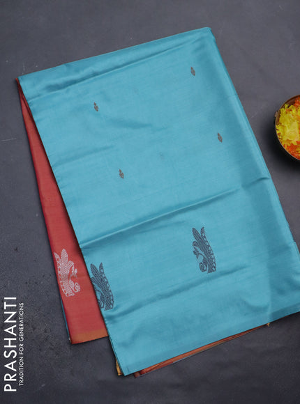 Banana pith saree teal blue and dual shade of pink with thread woven buttas in borderless style