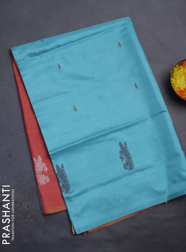 Banana pith saree teal blue and dual shade of pink with thread woven buttas in borderless style