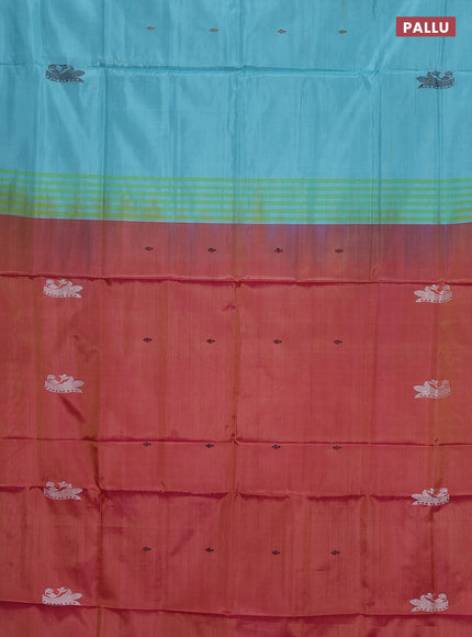 Banana pith saree teal blue and dual shade of pink with thread woven buttas in borderless style