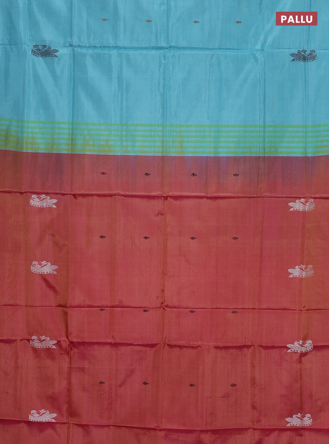 Banana pith saree teal blue and dual shade of pink with thread woven buttas in borderless style