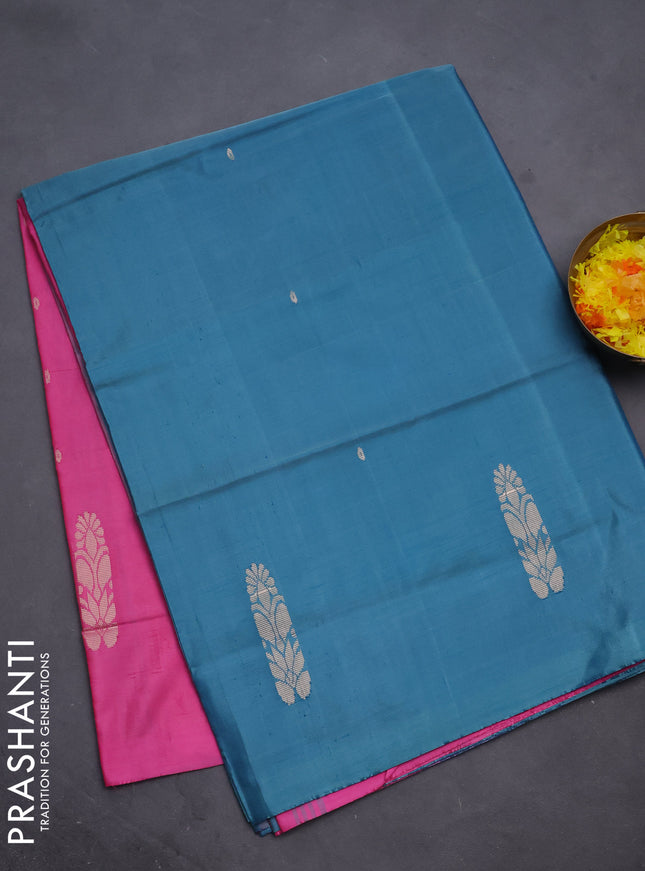 Banana pith saree teal green and pink with thread woven buttas in borderless style