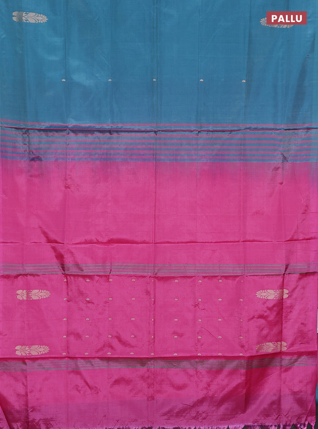 Banana pith saree teal green and pink with thread woven buttas in borderless style