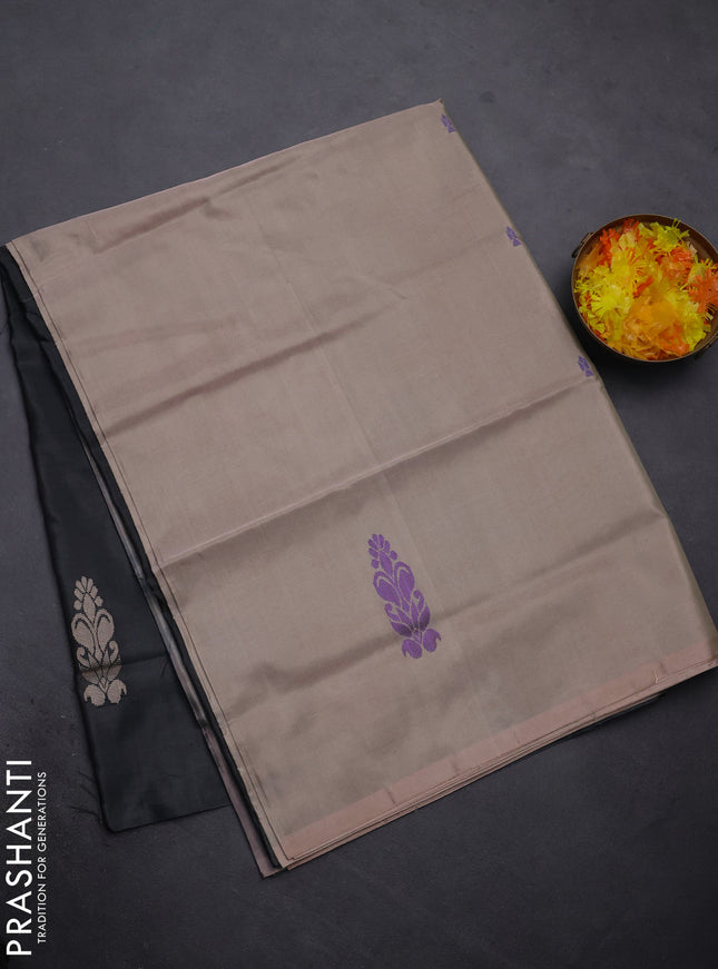 Banana pith saree dual shade of sandal and black with thread woven buttas in borderless style