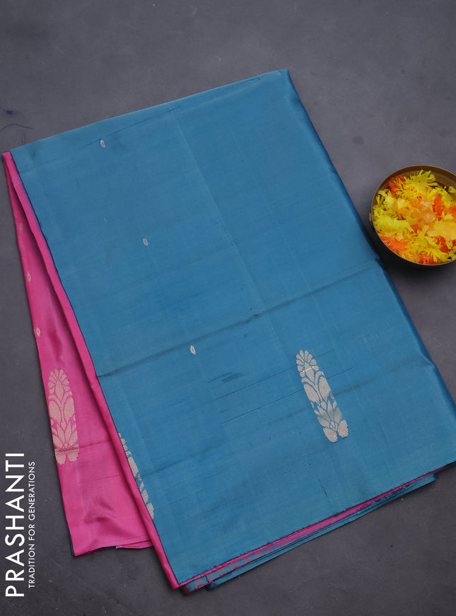 Banana pith saree teal green and pink with thread woven buttas in borderless style