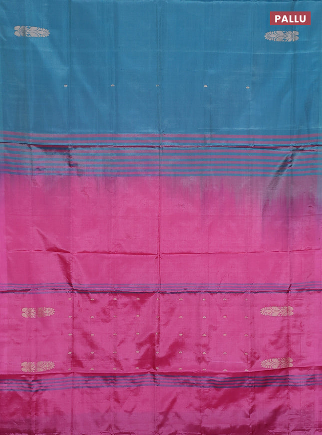 Banana pith saree teal green and pink with thread woven buttas in borderless style