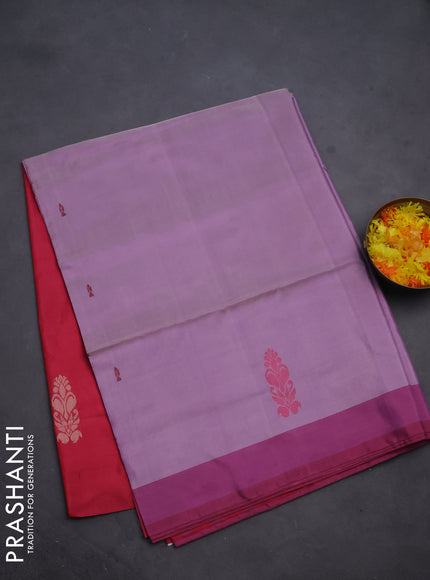 Banana pith saree mild lavender and reddish pink with thread woven buttas and contrast border
