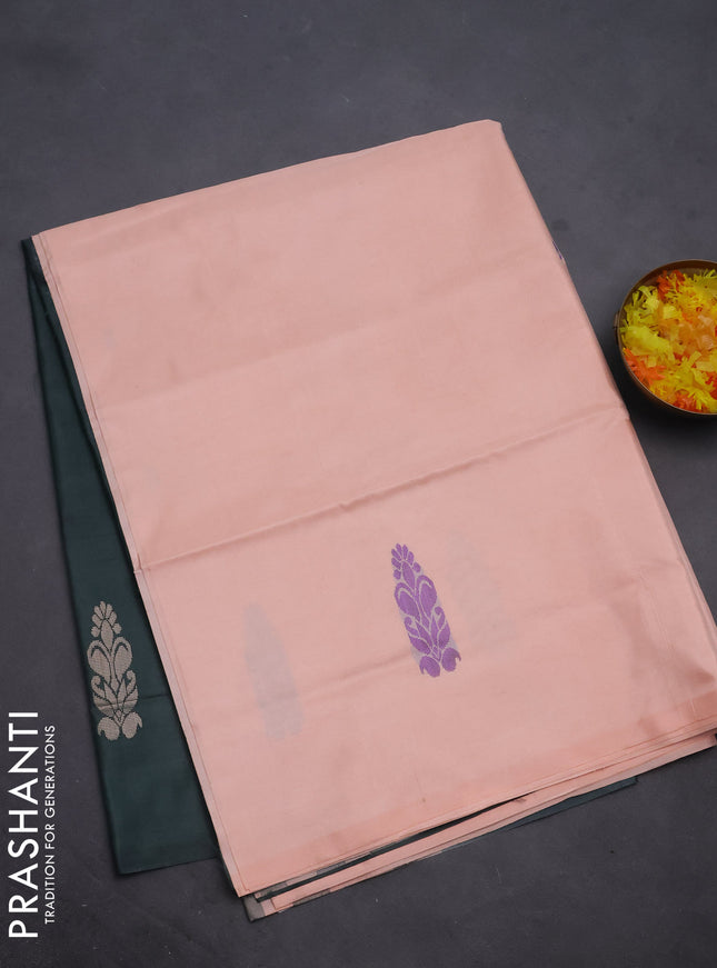 Banana pith saree pale orange and bottle green shade with thread woven buttas in borderless style