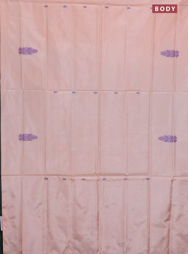 Banana pith saree pale orange and bottle green shade with thread woven buttas in borderless style