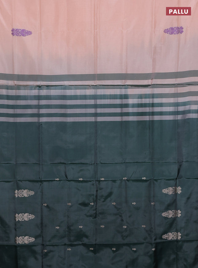 Banana pith saree pale orange and bottle green shade with thread woven buttas in borderless style