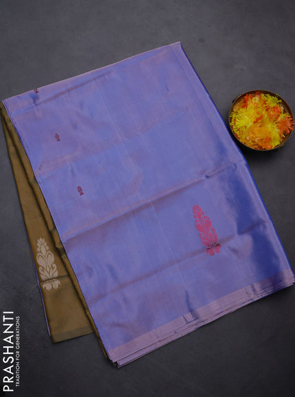 Banana pith saree dual shade of lavender and dark mustard with thread woven buttas in borderless style