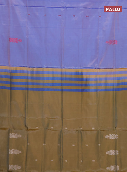 Banana pith saree dual shade of lavender and dark mustard with thread woven buttas in borderless style