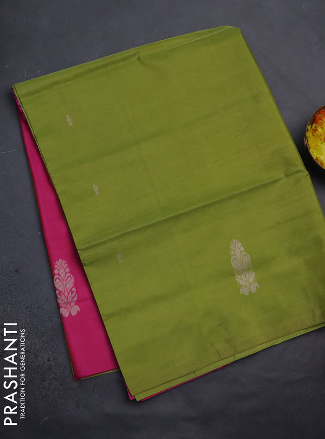 Banana pith saree light green and pink with thread woven buttas in borderless style