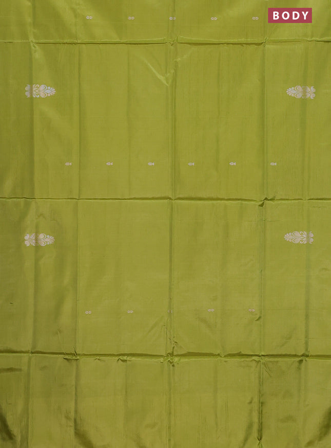 Banana pith saree light green and pink with thread woven buttas in borderless style