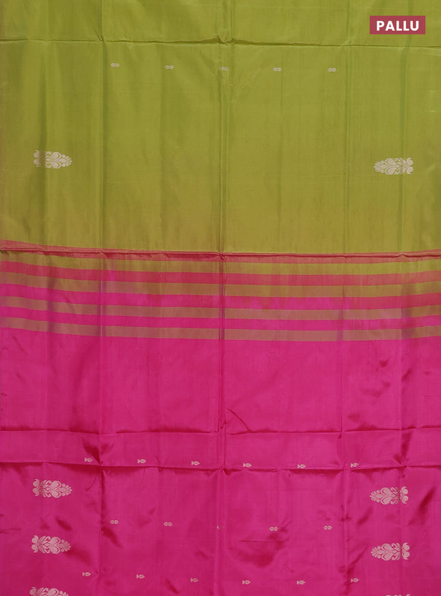 Banana pith saree light green and pink with thread woven buttas in borderless style