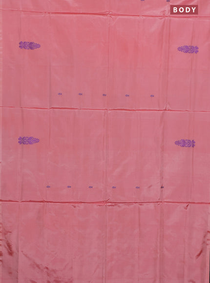 Banana pith saree peach shade and blue with thread woven buttas in borderless style