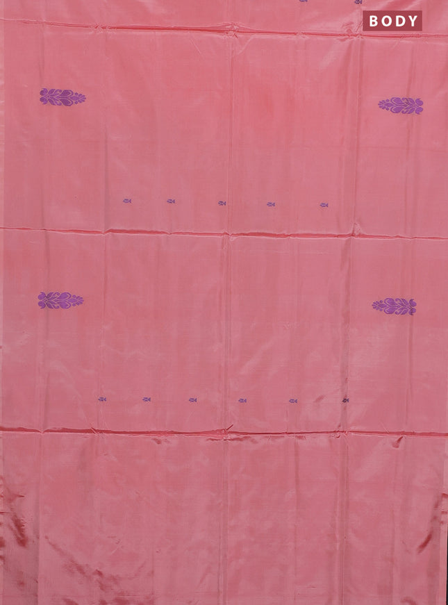 Banana pith saree peach shade and blue with thread woven buttas in borderless style