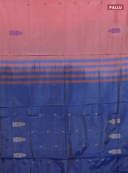 Banana pith saree peach shade and blue with thread woven buttas in borderless style