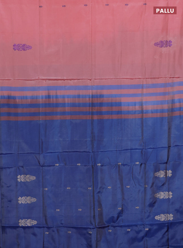 Banana pith saree peach shade and blue with thread woven buttas in borderless style