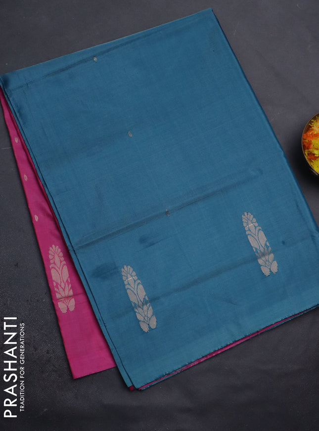 Banana pith saree teal blue and light pink with thread woven buttas in borderless style