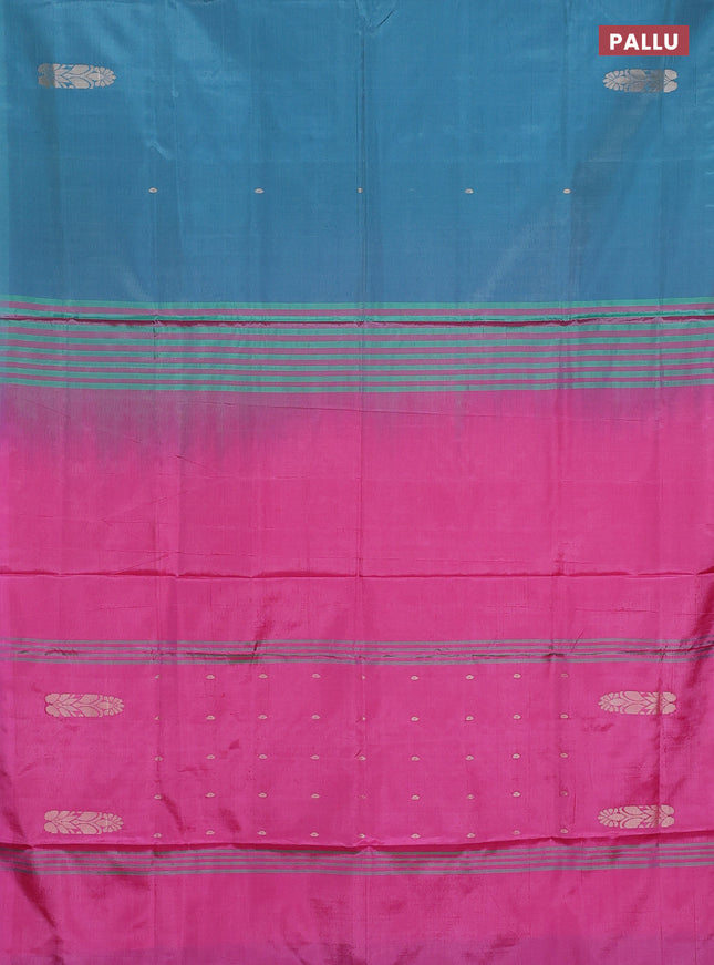 Banana pith saree teal blue and light pink with thread woven buttas in borderless style