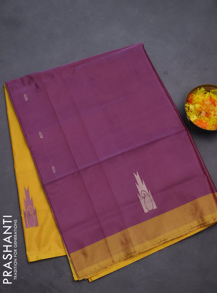 Banana pith saree dual shade of maroon and yellow with thread woven buttas and contrast border
