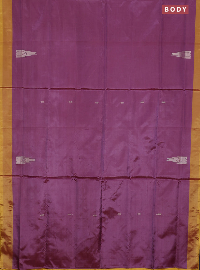 Banana pith saree dual shade of maroon and yellow with thread woven buttas and contrast border