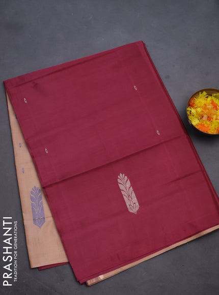 Banana pith saree maeoon and sandal with thread woven buttas in borderless style