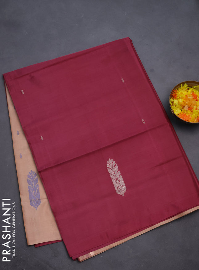 Banana pith saree maeoon and sandal with thread woven buttas in borderless style