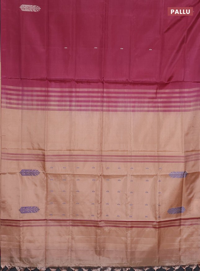 Banana pith saree maeoon and sandal with thread woven buttas in borderless style