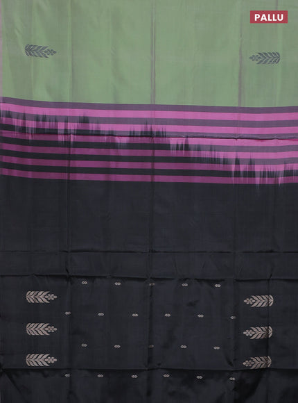Banana pith saree dual shade of light green and black with thread woven buttas in borderless style
