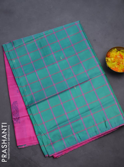 Banana pith saree green and pink with allover checked pattern and piping border