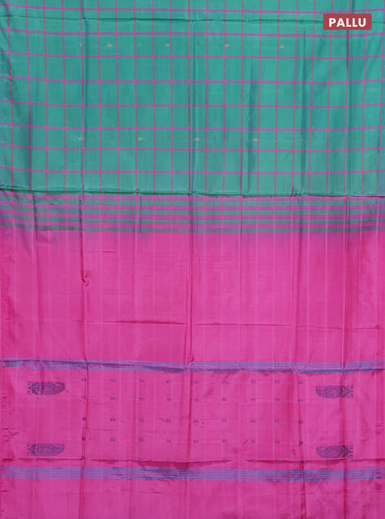 Banana pith saree green and pink with allover checked pattern and piping border