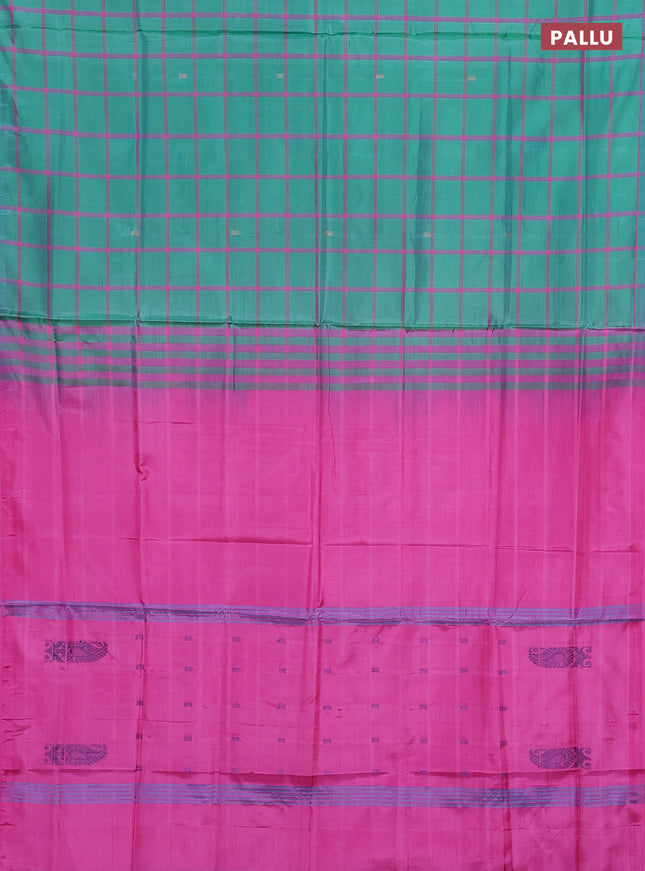 Banana pith saree green and pink with allover checked pattern and piping border