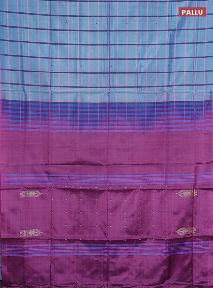 Banana pith saree blue shade and purple with allover checked pattern and piping border