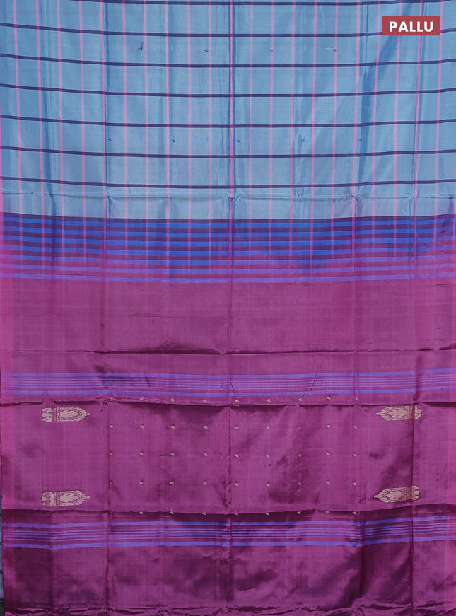 Banana pith saree blue shade and purple with allover checked pattern and piping border