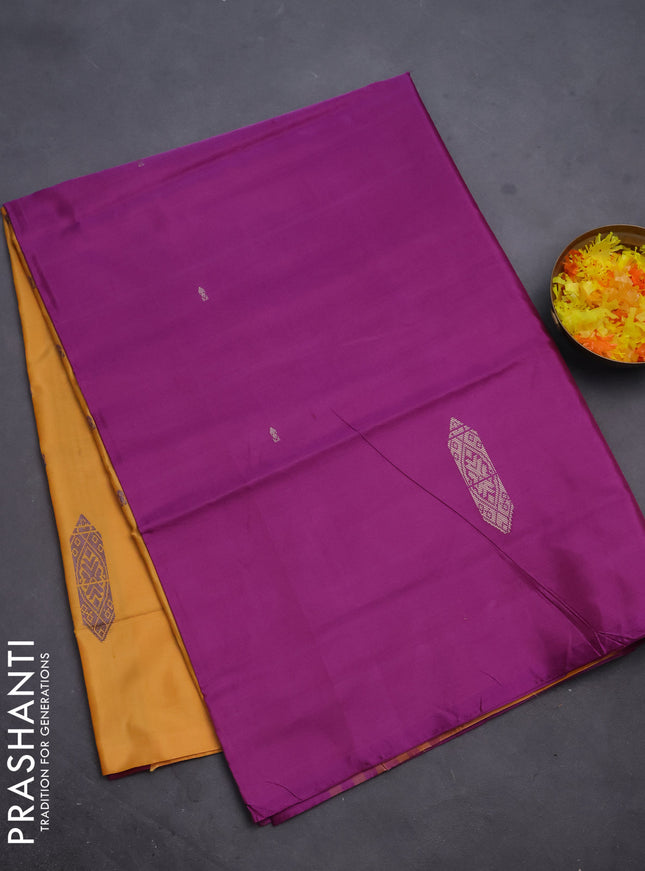 Banana pith saree purple and mango yellow with thread woven buttas in borderless style