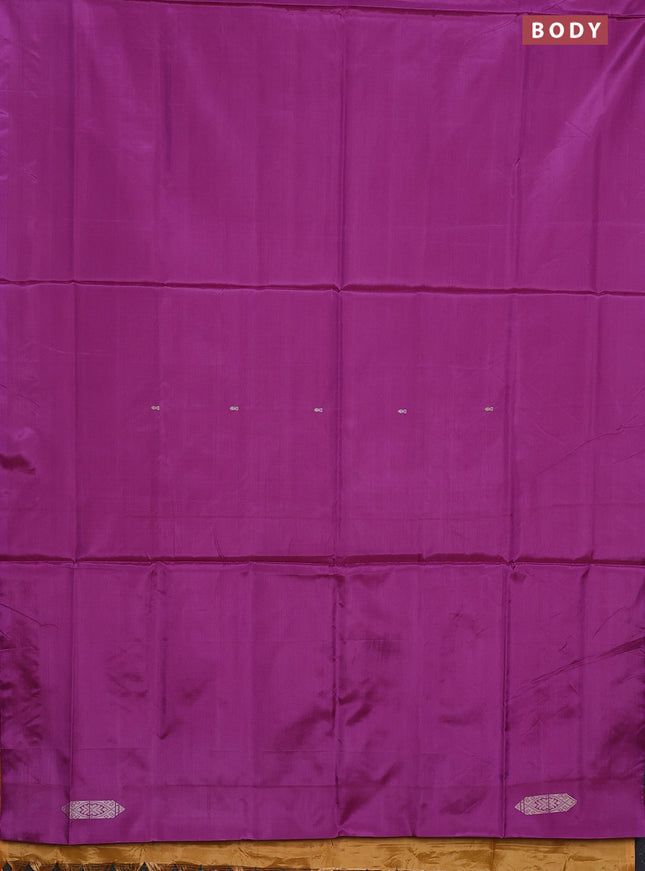 Banana pith saree purple and mango yellow with thread woven buttas in borderless style