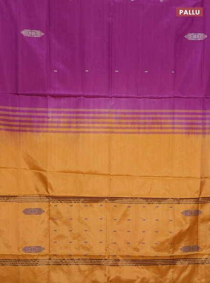 Banana pith saree purple and mango yellow with thread woven buttas in borderless style