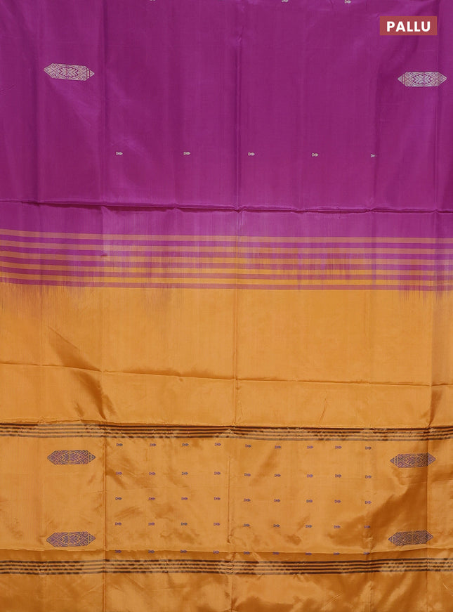 Banana pith saree purple and mango yellow with thread woven buttas in borderless style