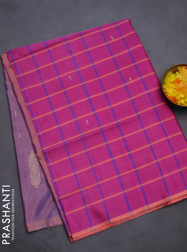 Banana pith saree purple and dual shade of peachish lavender with allover checked pattern and piping border
