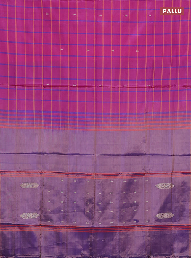Banana pith saree purple and dual shade of peachish lavender with allover checked pattern and piping border