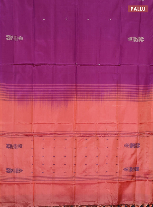 Banana pith saree purple and orange with thread woven buttas in borderless style