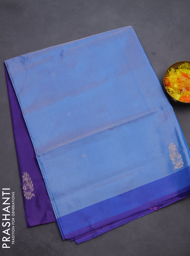 Banana pith saree blue shade and violet with thread woven buttas and contrast border