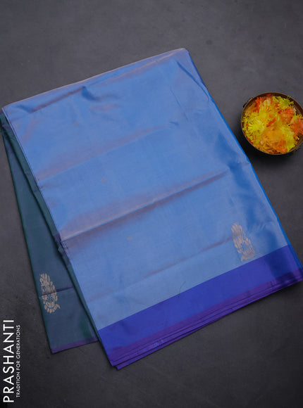 Banana pith saree blue shade and dual shade of greenish violet with thread woven buttas and contrast border
