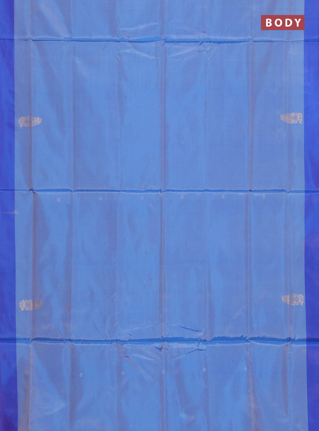 Banana pith saree blue shade and dual shade of greenish violet with thread woven buttas and contrast border