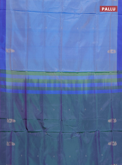 Banana pith saree blue shade and dual shade of greenish violet with thread woven buttas and contrast border
