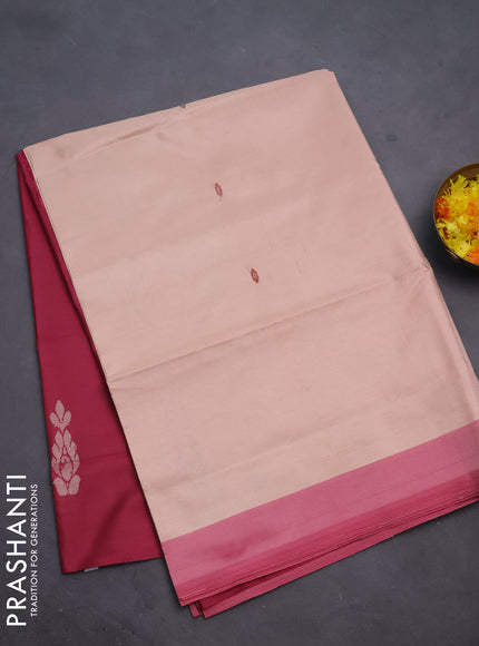 Banana pith saree sandal and dark pink with thread woven buttas and contrast border