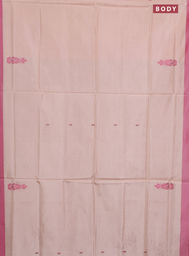 Banana pith saree sandal and dark pink with thread woven buttas and contrast border