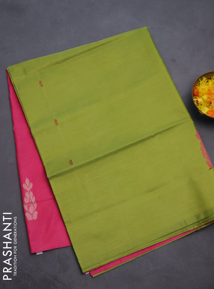 Banana pith saree light green and pink with thread woven buttas in borderless style